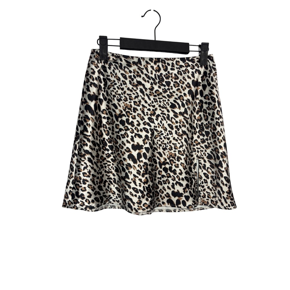 Princess Polly Mini Skirt‎ 4 Tan Brown Leopard Print Satin Slit Y2K Mob Wife